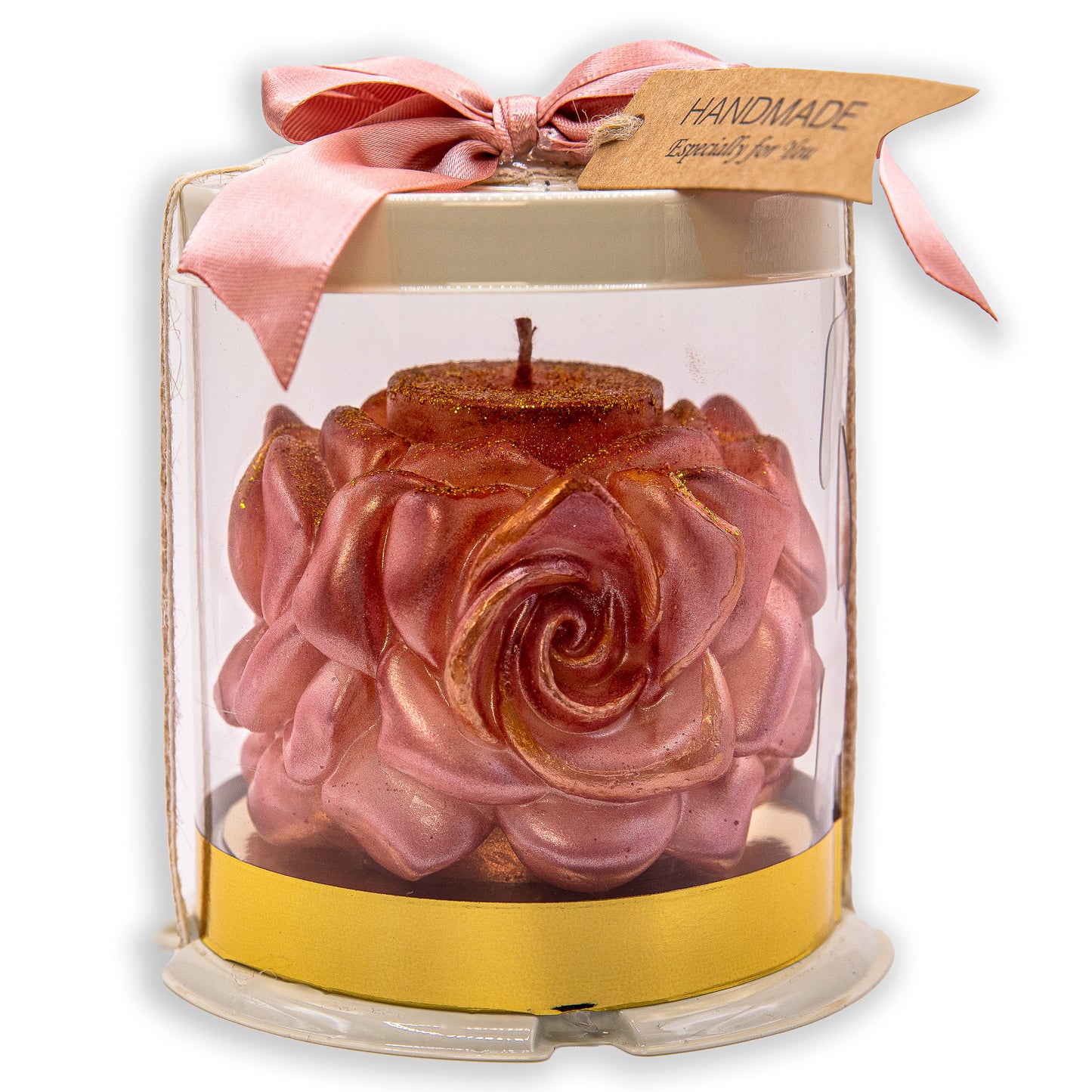 Handmade Candle with Three Flowers – Pink & Gold in Luxury Gift Box