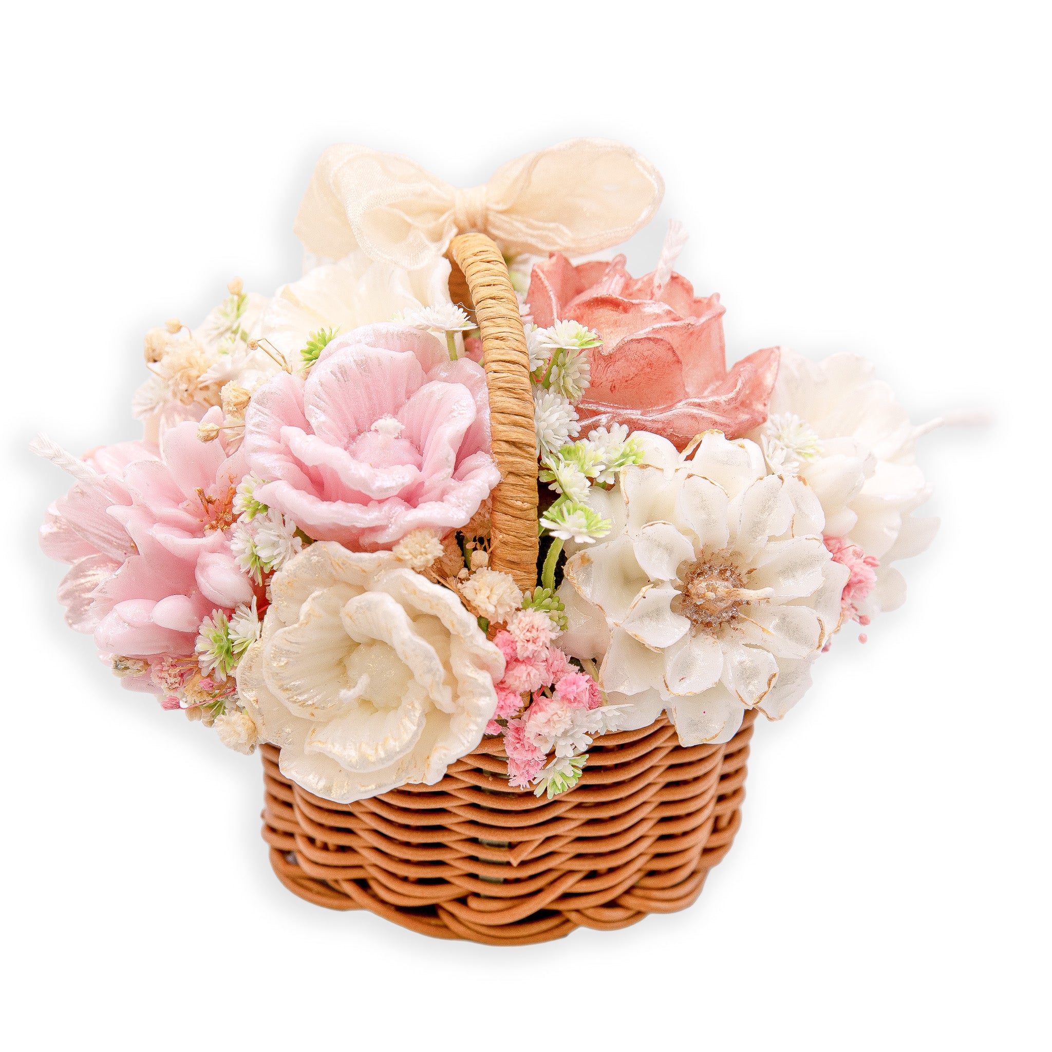 Luxe Geurige Kaarsenbloemen in Rieten Mand – Handgemaakte Cadeaumand met Droogbloemen