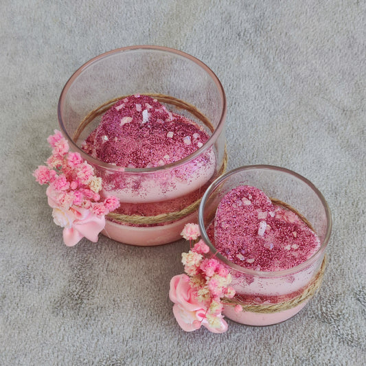 Pink Heart Candle in Glass Jar – Handmade with Rose Scent & Soy Wax