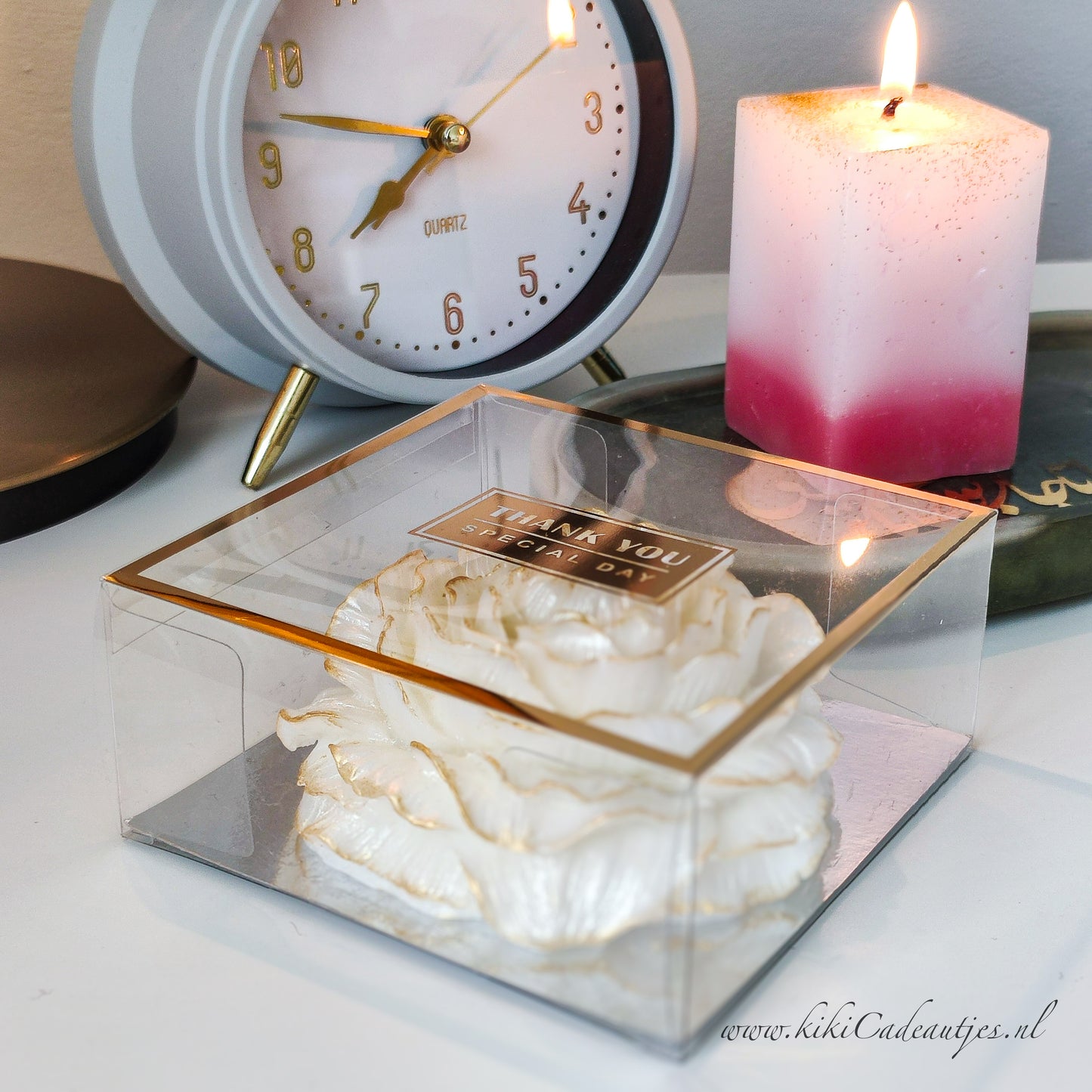 Luxury Scented Candle in the Shape of White Ranunculus – Handmade with Gold Edge