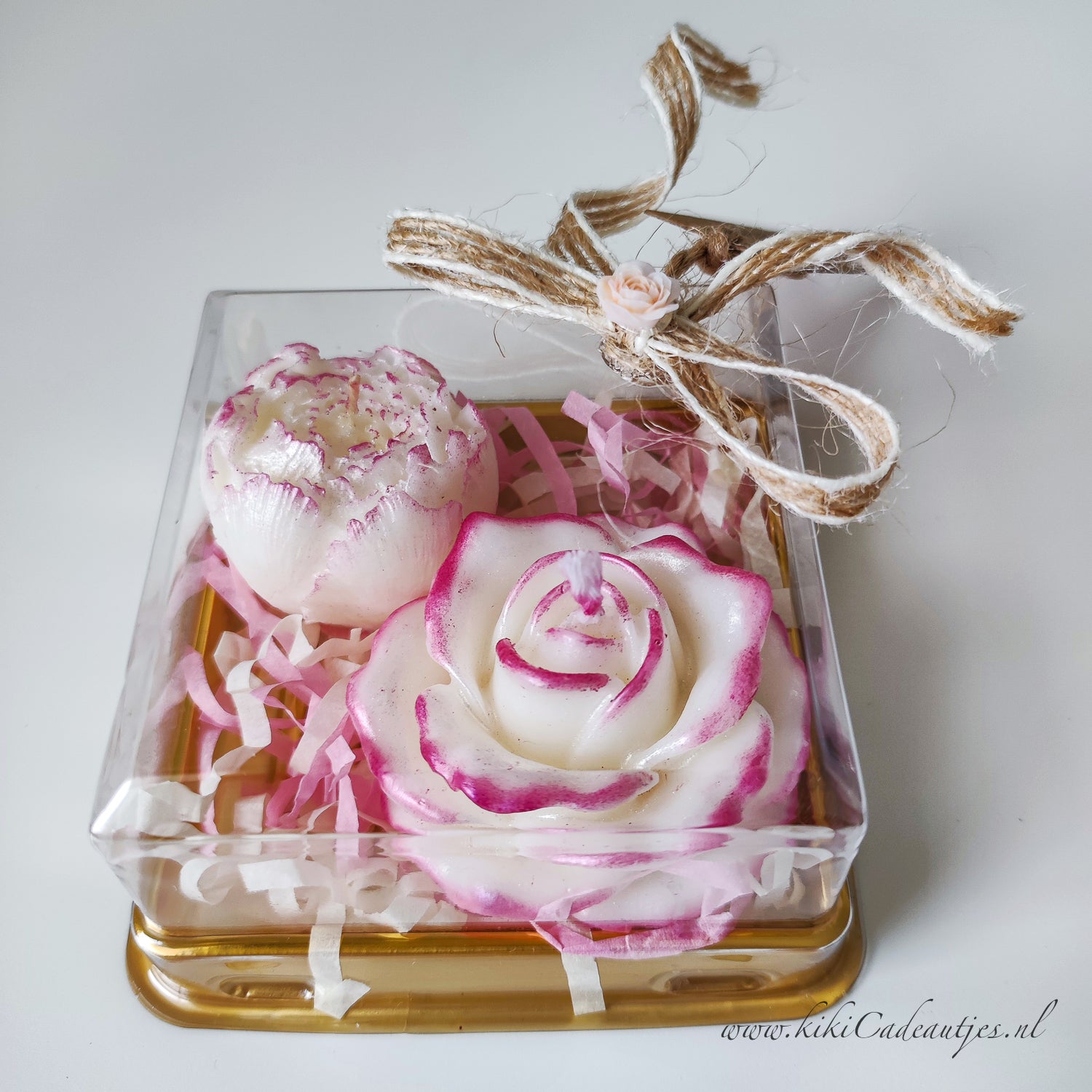 Bloemenkaars Duo Cadeauset in Doos – Handgemaakt met Randoptie