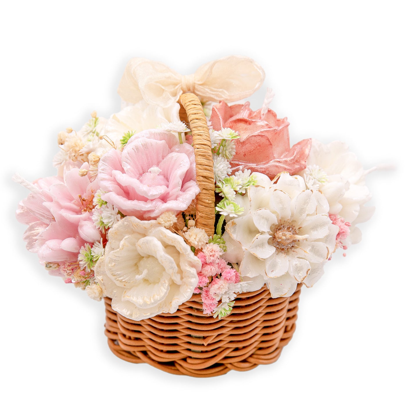 Luxury Fragrant Candle Flowers in Wicker Basket – Handmade Gift Basket with Dried Flowers