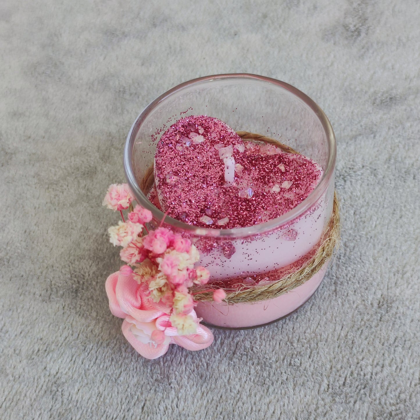 Pink Heart Candle in Glass Jar – Handmade with Rose Scent &amp; Soy Wax