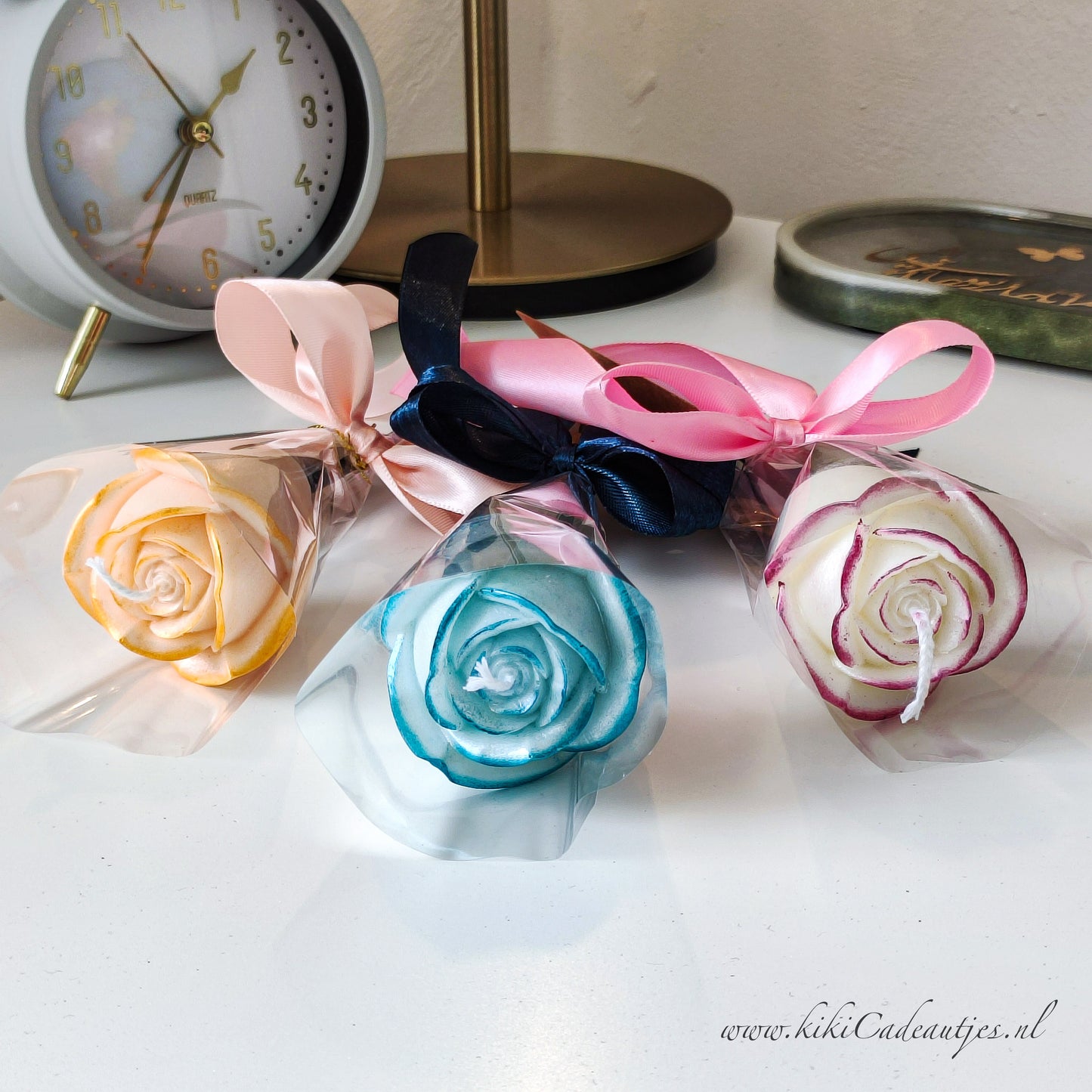 Handmade Rose Candle on Stick – White Soy Wax Candle with Freesia Scent